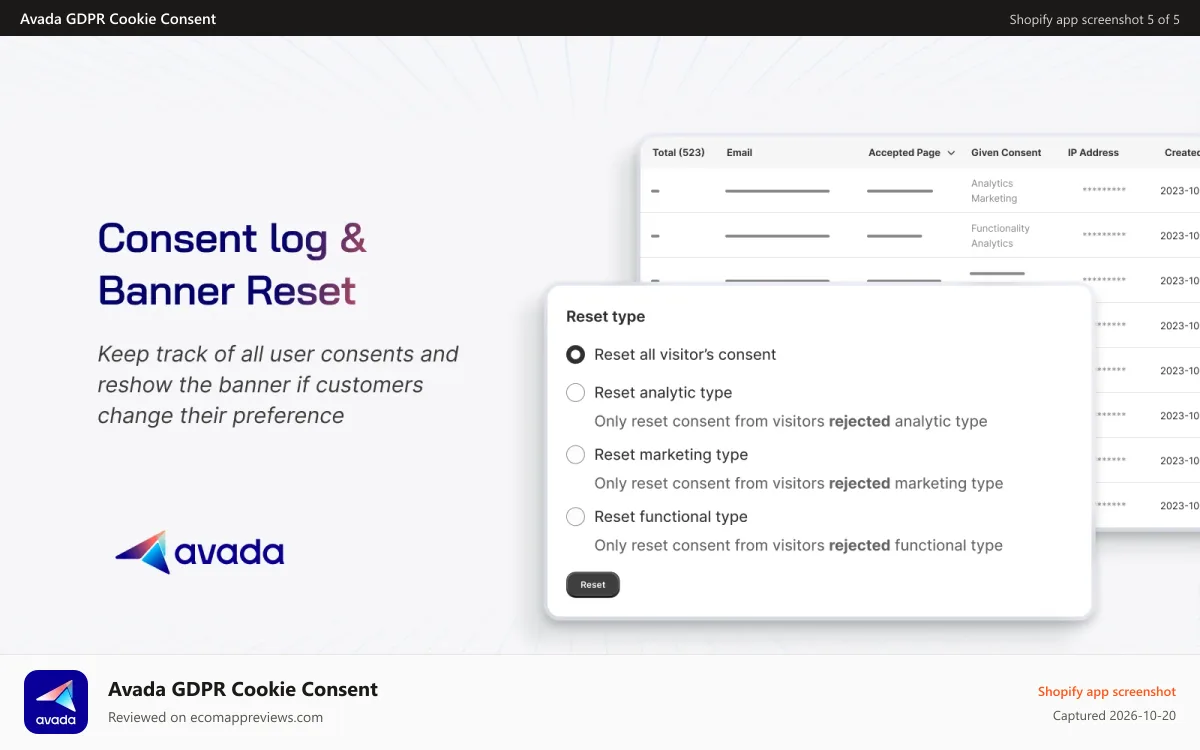 Avada GDPR Cookie Consent Shopify app screenshot: Avada GDPR CCPA consent log with visitor consent reset control