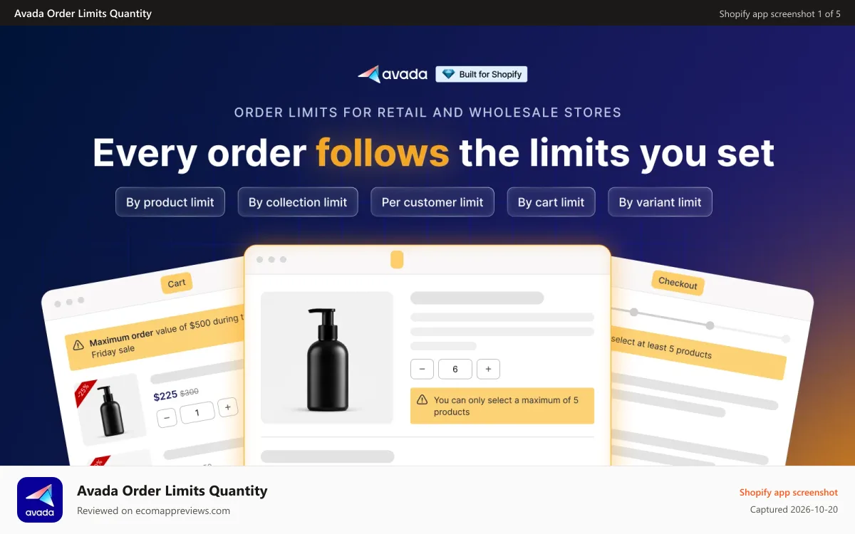 Avada Order Limits Quantity Shopify app screenshot: avada sets order limits in a few clicks