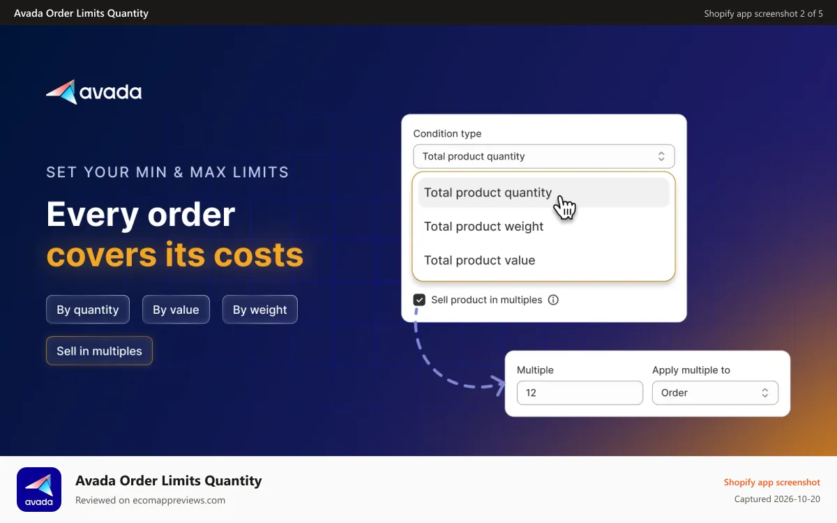 Avada Order Limits Quantity Shopify app screenshot: Quantity limit and order limits per product or cart