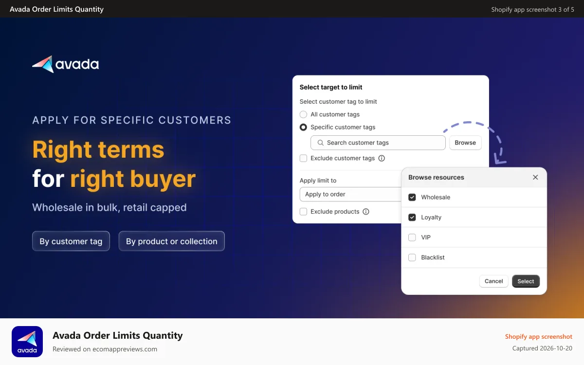Avada Order Limits Quantity Shopify app screenshot: Bulk quantity rules and order limits by customer tag