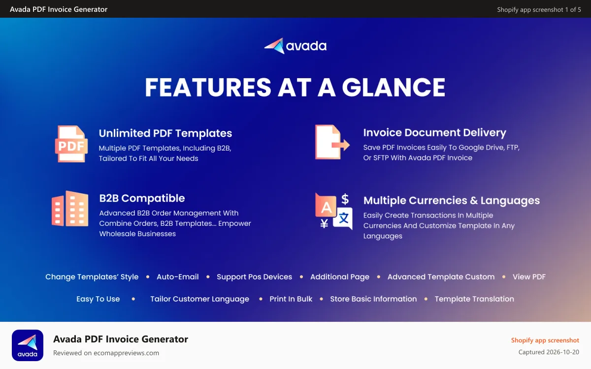 Avada PDF Invoice Generator Shopify app screenshot: Features of Avada PDF: unlimited templates, B2B, multi-currency