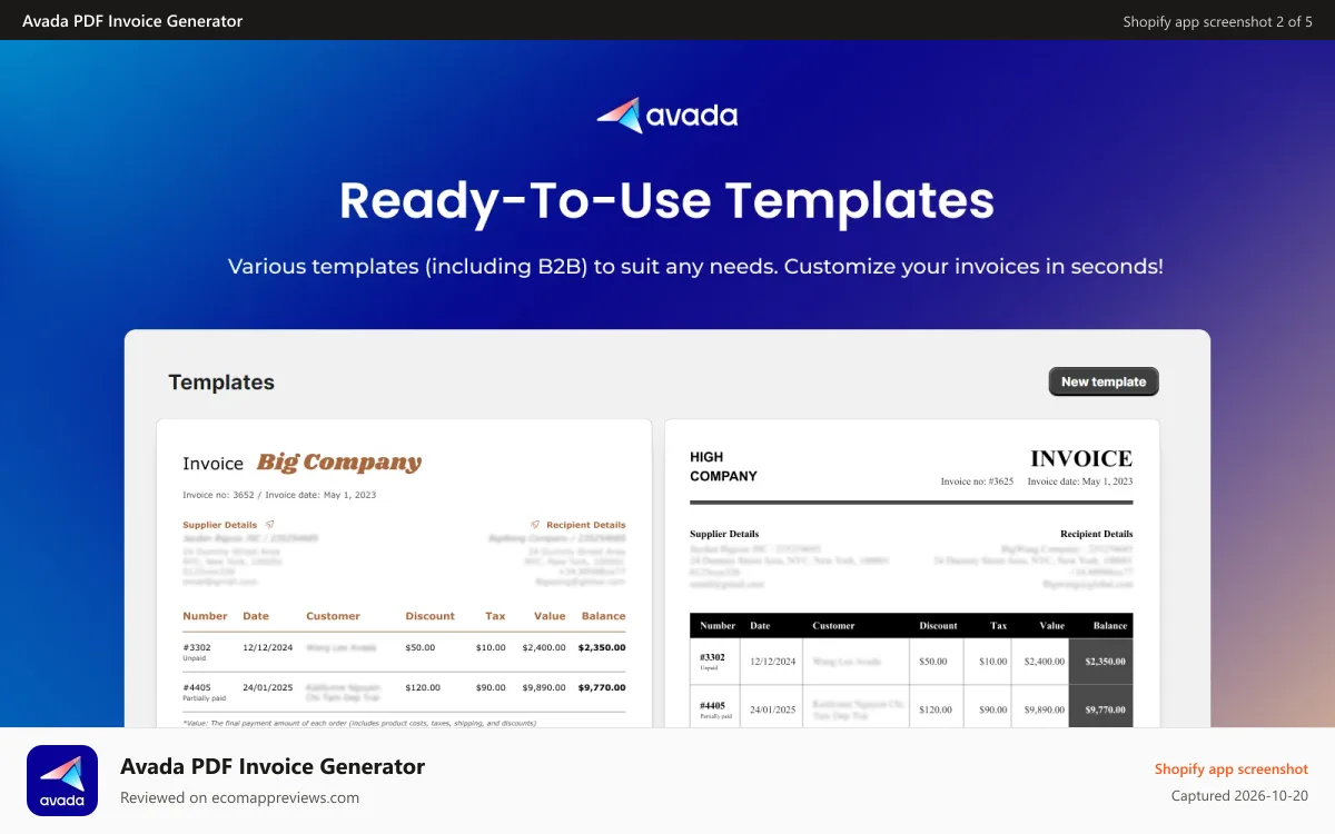 Avada PDF Invoice Generator Shopify app screenshot: Ready-to-use customizable PDF invoice B2B templates