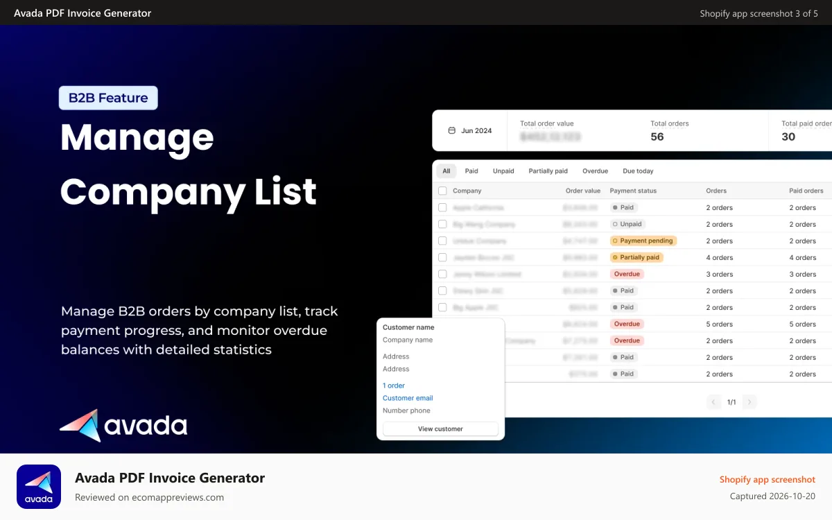 Avada PDF Invoice Generator Shopify app screenshot: Manage B2B orders by company list, track payment, balances