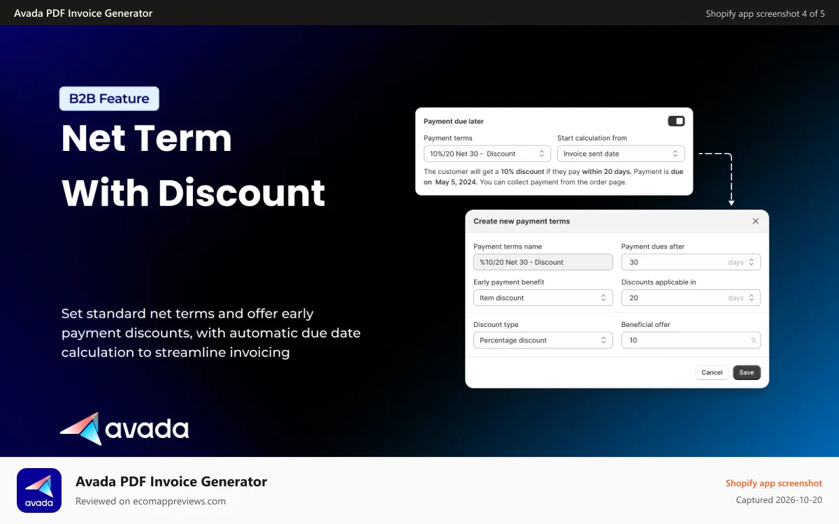 Avada PDF Invoice Generator Shopify app screenshot: Set net terms with discounts and automatic due date calculation