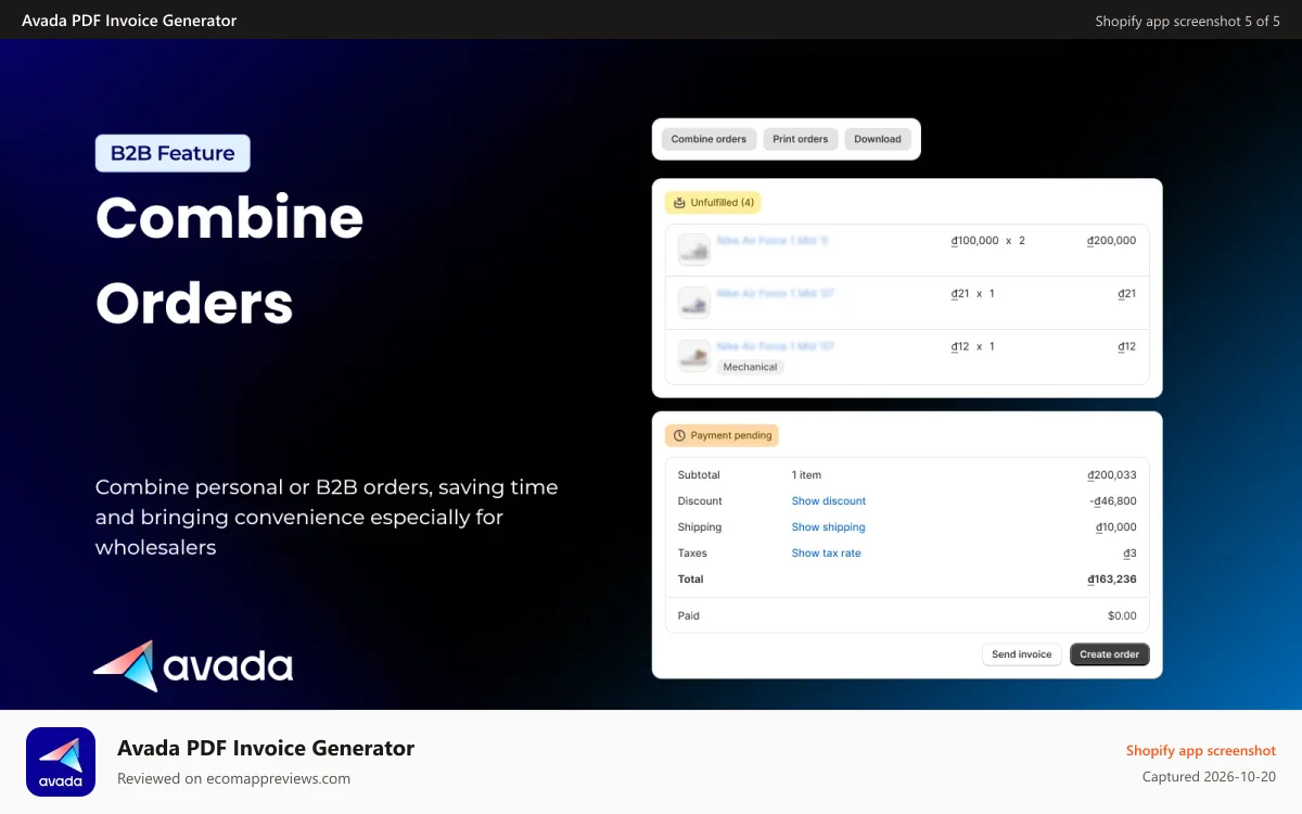 Avada PDF Invoice Generator Shopify app screenshot: Combine personal or B2B orders, helpful for wholesalers