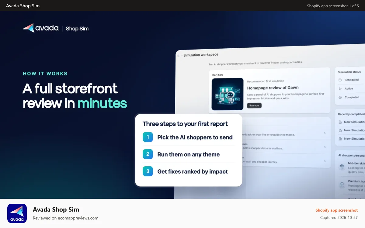 Avada Shop Sim Shopify app screenshot: Simulation workspace and the three steps to a first report