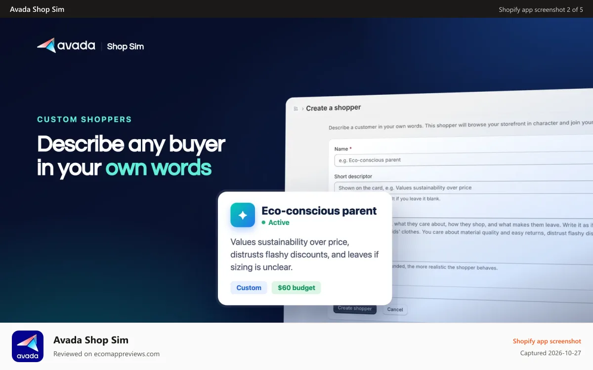 Avada Shop Sim Shopify app screenshot: Create a custom shopper from a plain-language description