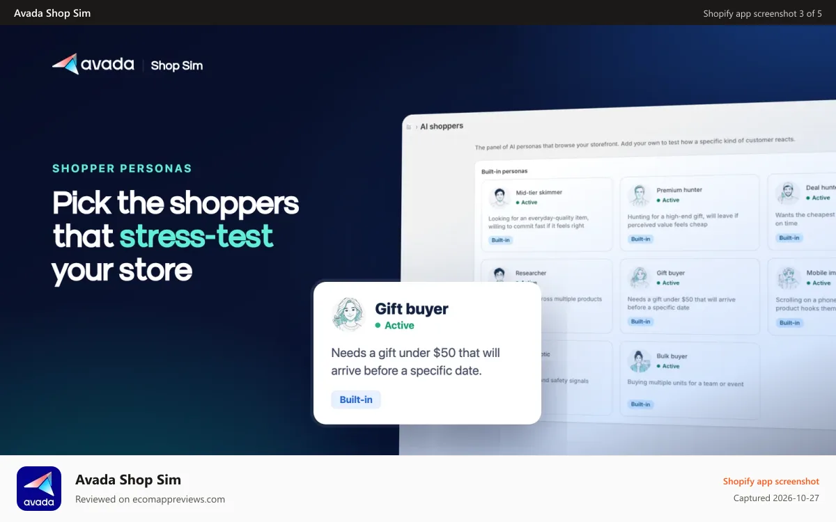 Avada Shop Sim Shopify app screenshot: Built-in AI shopper personas including Gift buyer
