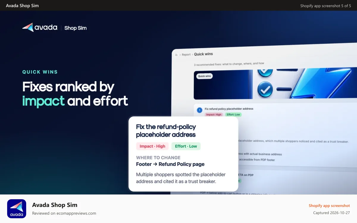 Avada Shop Sim Shopify app screenshot: Quick wins list with each fix rated by impact and effort