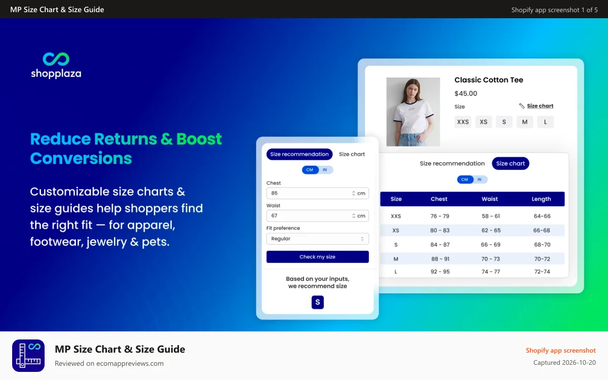 MP Size Chart & Size Guide Shopify app screenshot: Shopify size chart and size guide on the product page