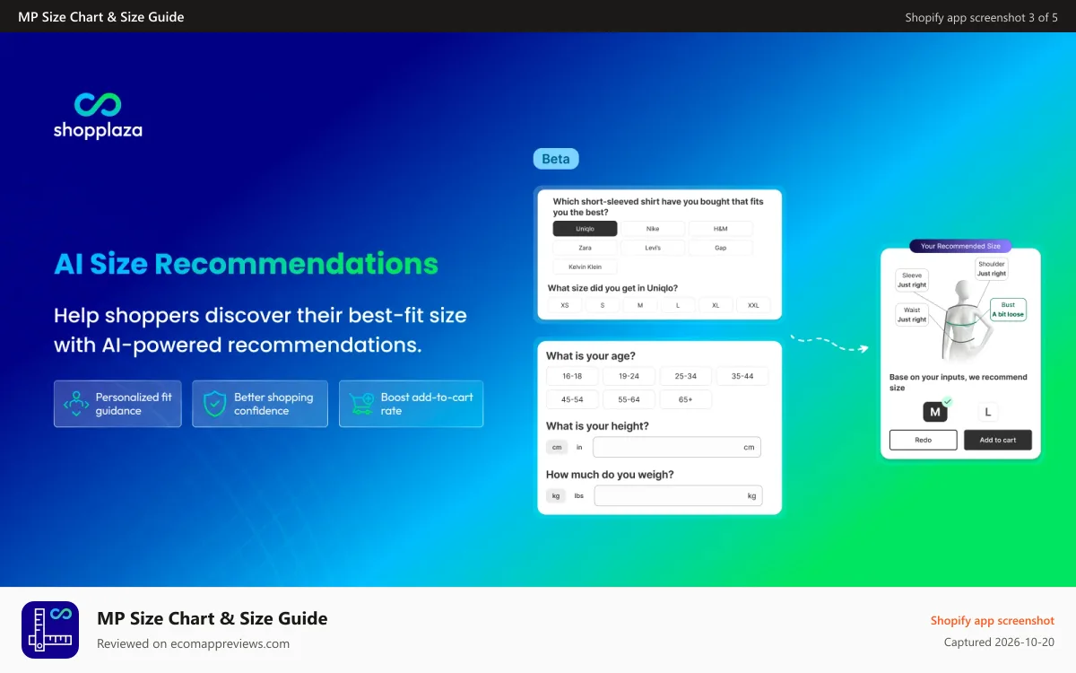 MP Size Chart & Size Guide Shopify app screenshot: AI size recommender finds each shopper's best-fit size
