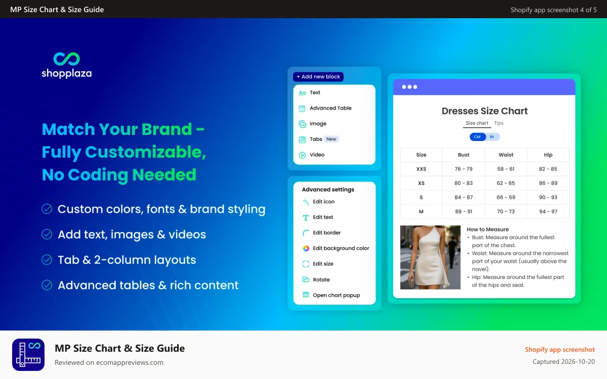 MP Size Chart & Size Guide Shopify app screenshot: Custom size chart design with tables, images, videos and tabs