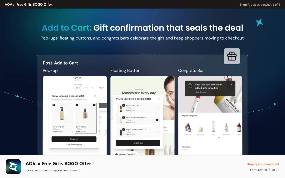 AOV.ai Free Gifts BOGO Offer Shopify app screenshot: Post-Add to cart
