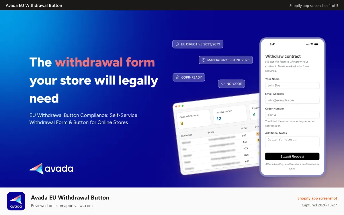 Avada EU Withdrawal Button Shopify app screenshot: withdrawal
