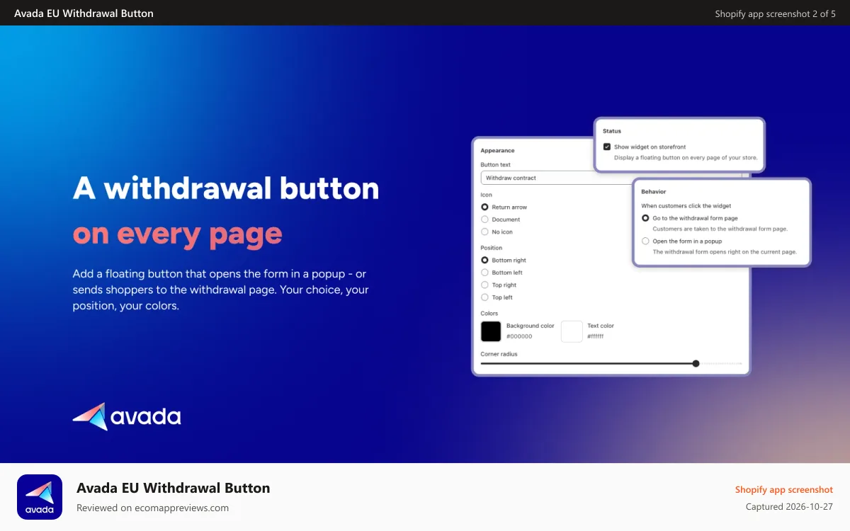 Avada EU Withdrawal Button Shopify app screenshot: eu withdrawal