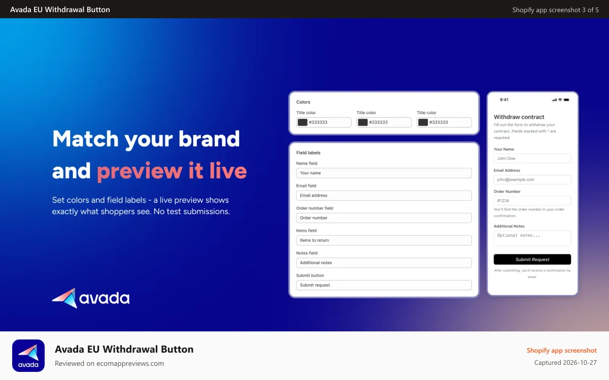 Avada EU Withdrawal Button Shopify app screenshot: eu withdrawal button