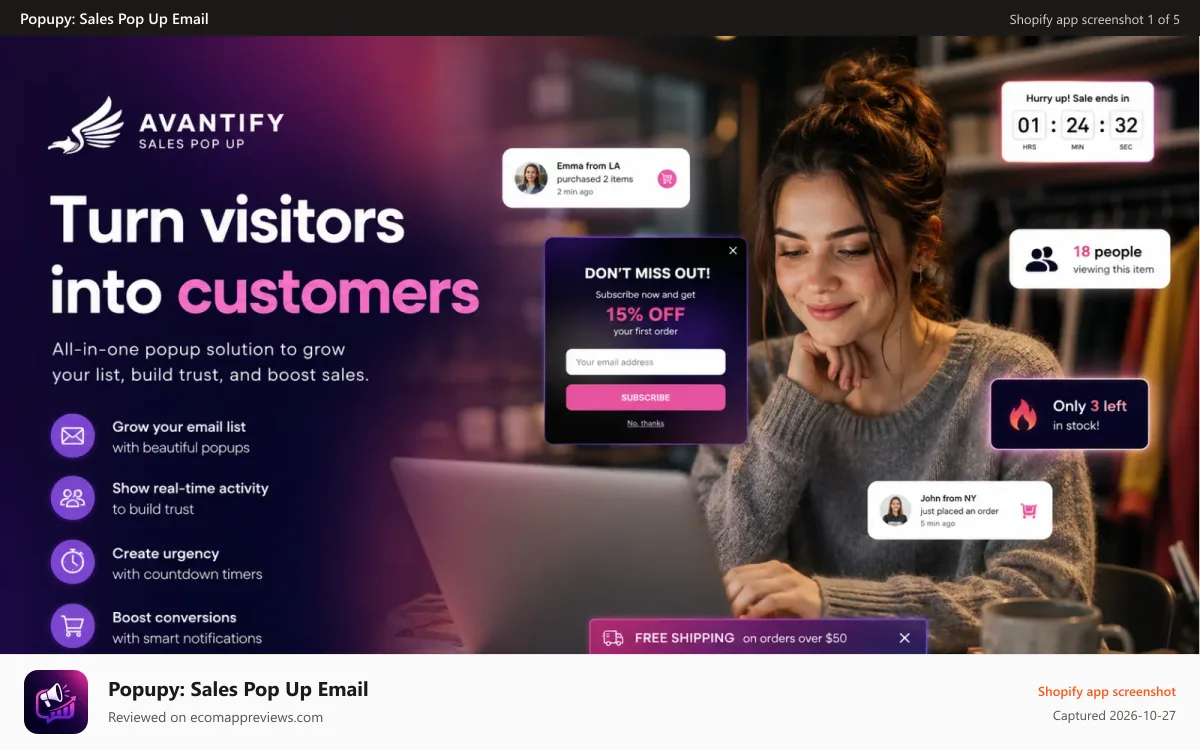 Popupy: Sales Pop Up Email Shopify app screenshot: grow email marketing list with popup