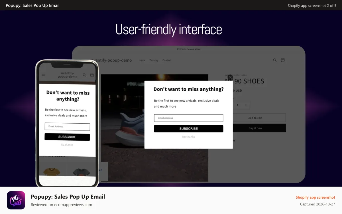 Popupy: Sales Pop Up Email Shopify app screenshot: popup-friendly-interface