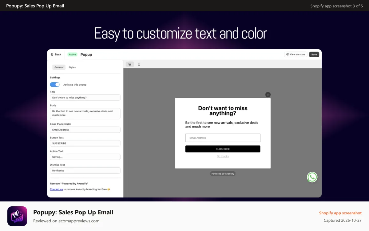 Popupy: Sales Pop Up Email Shopify app screenshot: popup-easy-to-customize-text-and-color