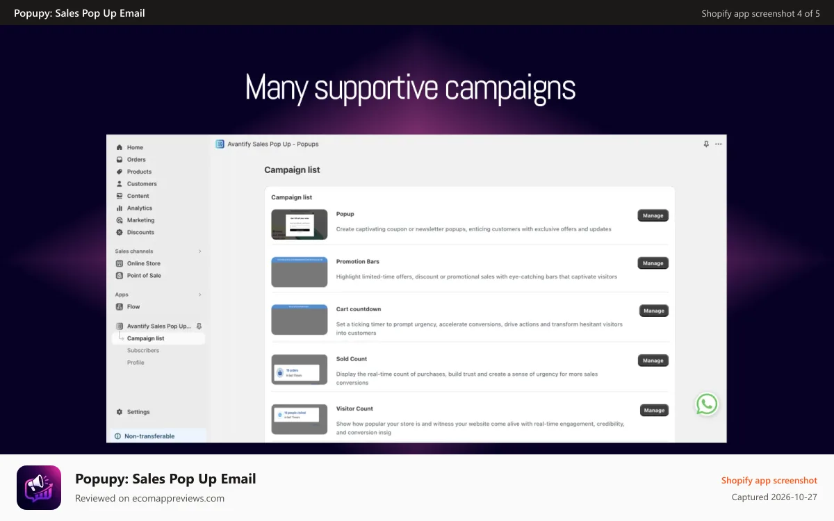 Popupy: Sales Pop Up Email Shopify app screenshot: popup-many-support-campaign
