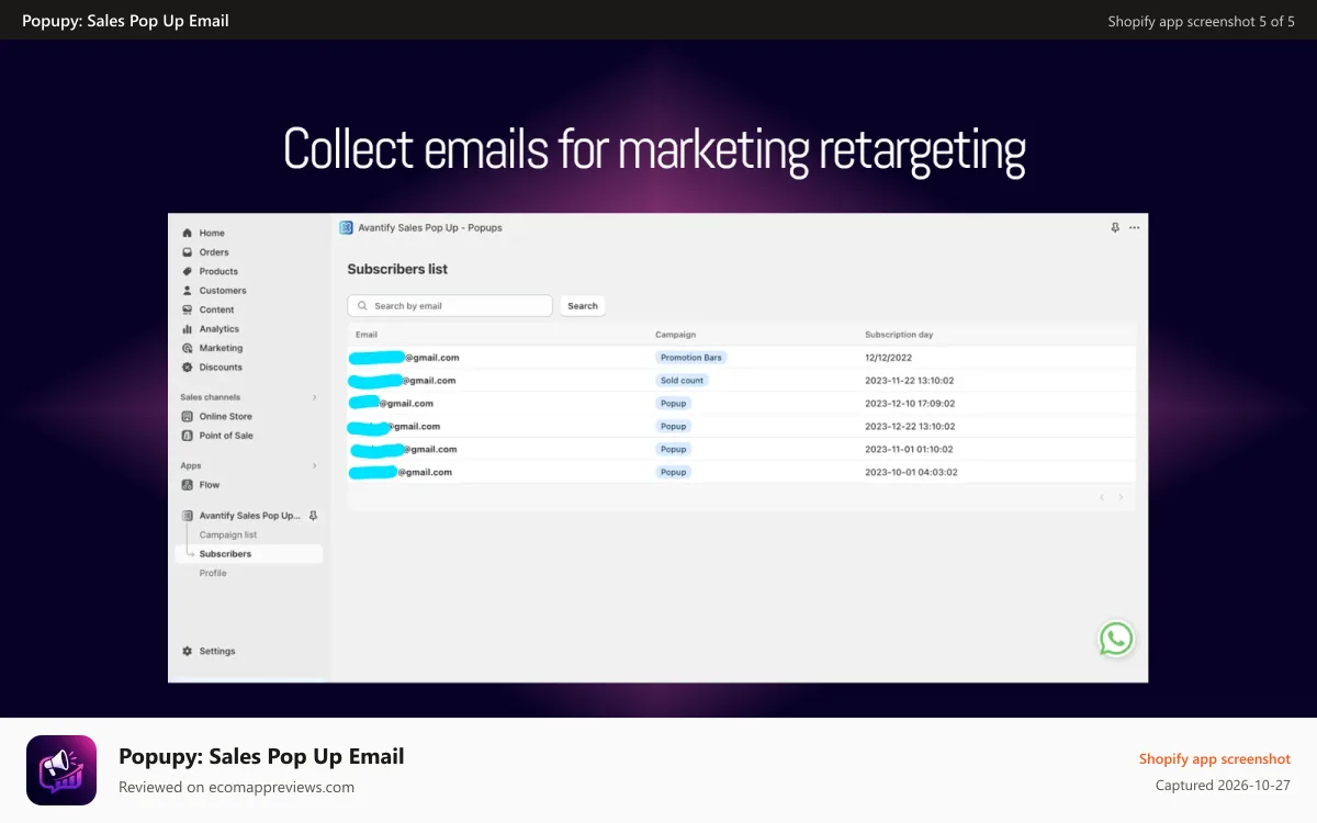 Popupy: Sales Pop Up Email Shopify app screenshot: popup-collect-emails-for-marketing-retargeting