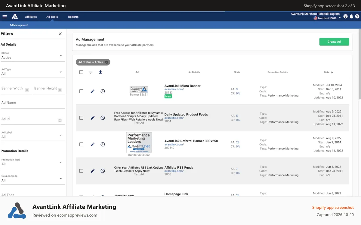 AvantLink Affiliate Marketing Shopify app screenshot: Manage ad creative.