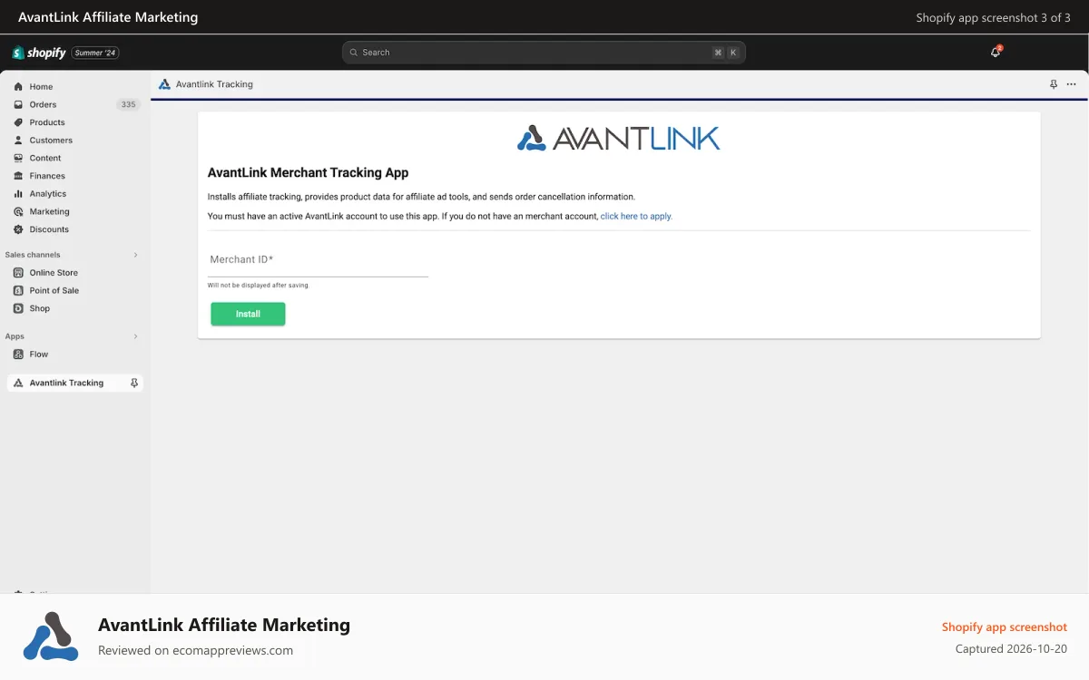 AvantLink Affiliate Marketing Shopify app screenshot: Easy configuration.