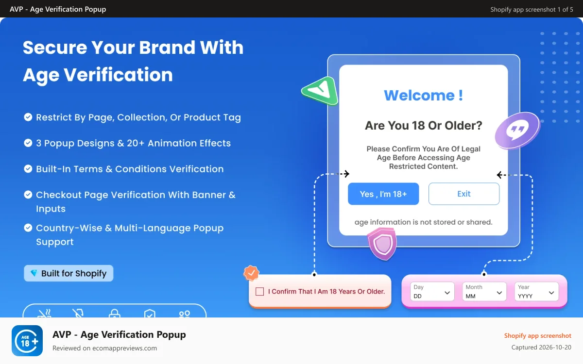 AVP ‑ Age Verification Popup Shopify app screenshot: age verifier and coming soon page builder shopify app