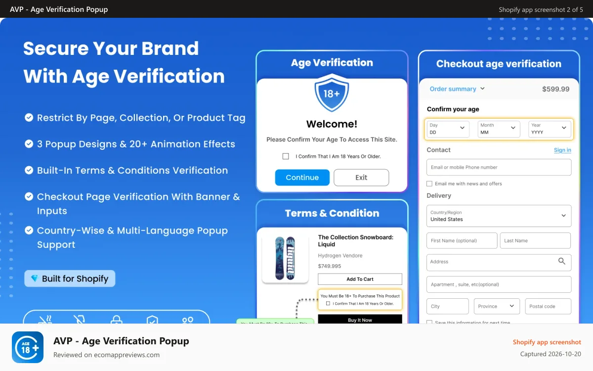 AVP ‑ Age Verification Popup Shopify app screenshot: Verify age and ensure the policy complies terms and condition