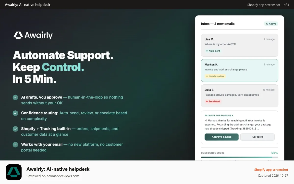 Awairly: AI‑native helpdesk Shopify app screenshot: Awairly - main features