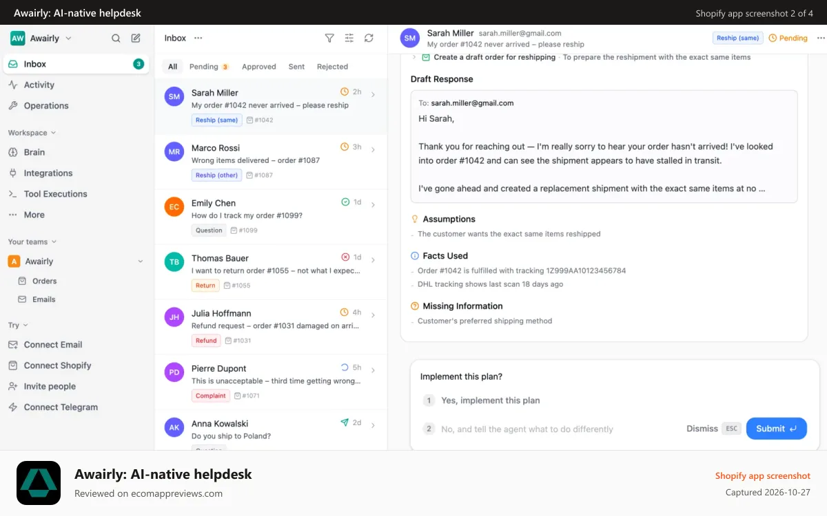 Awairly: AI‑native helpdesk Shopify app screenshot: Main inbox screen