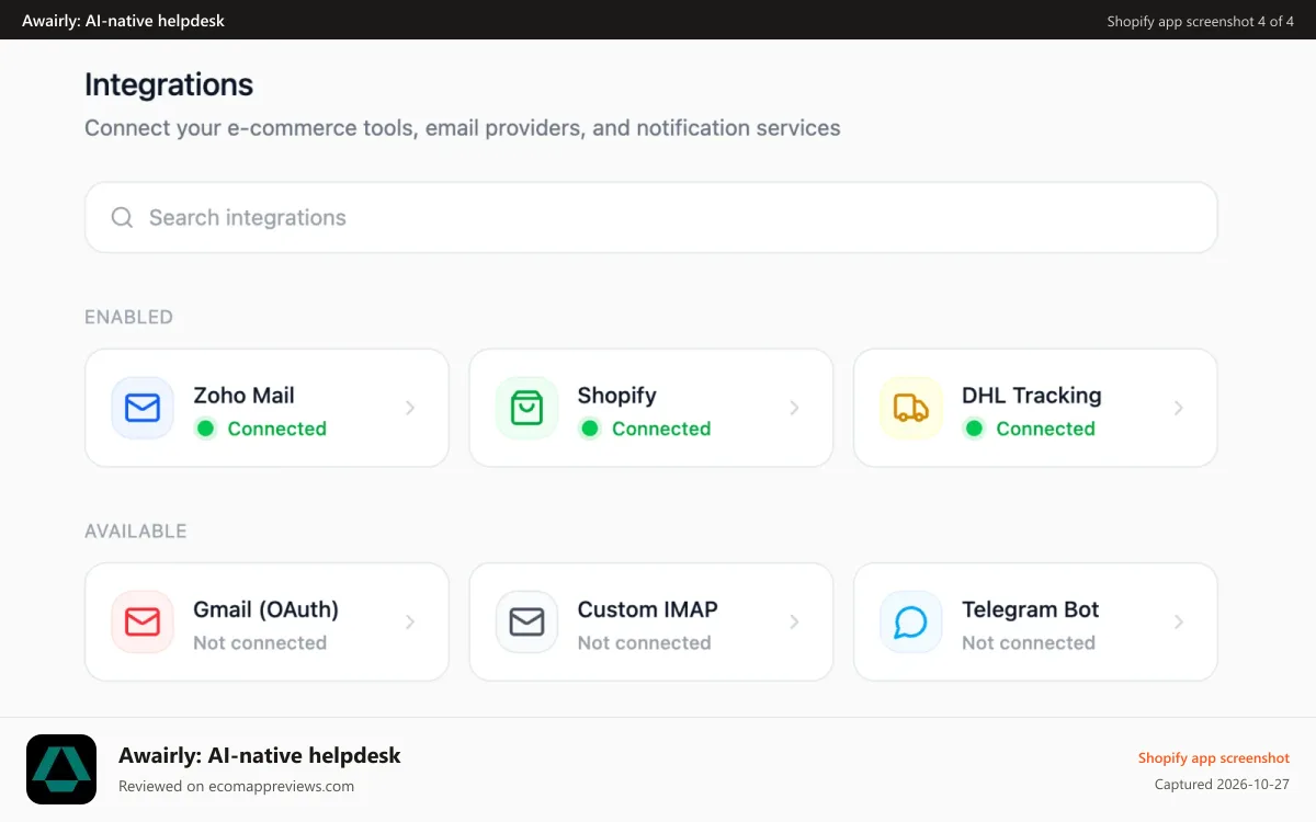 Awairly: AI‑native helpdesk Shopify app screenshot: Awairly supports many integrations