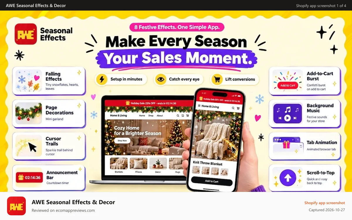 AWE Seasonal Effects & Decor Shopify app screenshot: convert with engaging storefront