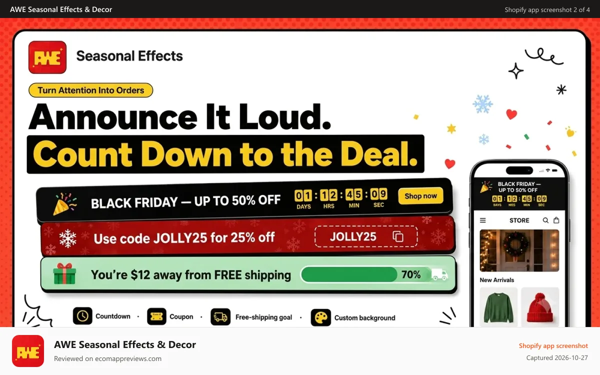 AWE Seasonal Effects & Decor Shopify app screenshot: announcement