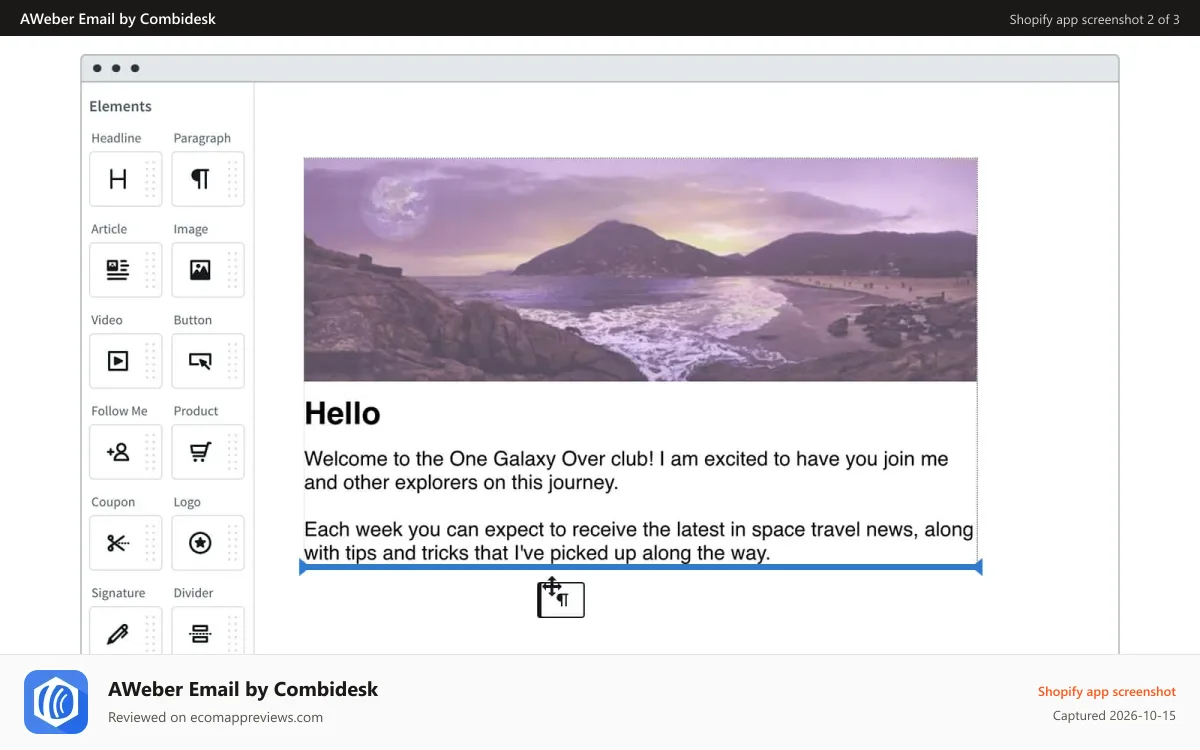 AWeber Email by Combidesk Shopify app screenshot: Shopify AWeber Integration - Drag and Drop Editor