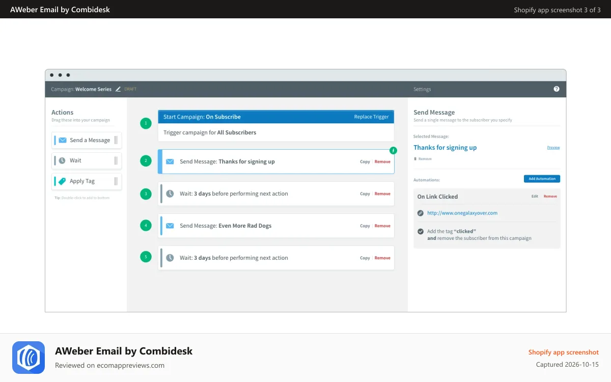 AWeber Email by Combidesk Shopify app screenshot: Shopify AWeber Integration - Create automated email sequences