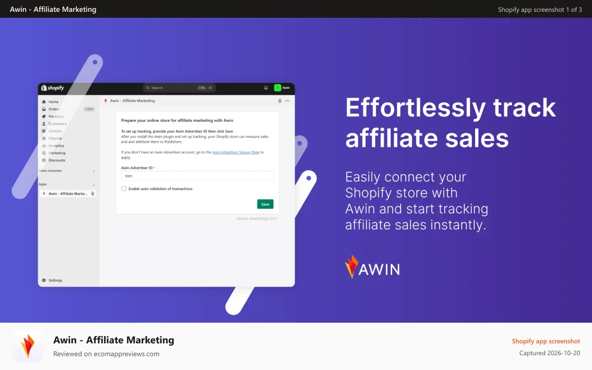 Awin ‑ Affiliate Marketing Shopify app screenshot: Effortlessly track affiliate sales