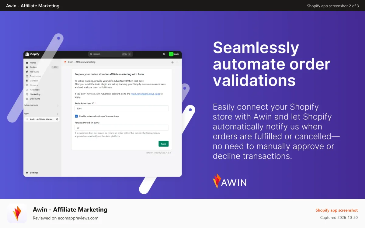 Awin ‑ Affiliate Marketing Shopify app screenshot: Seamlessly automate order validations