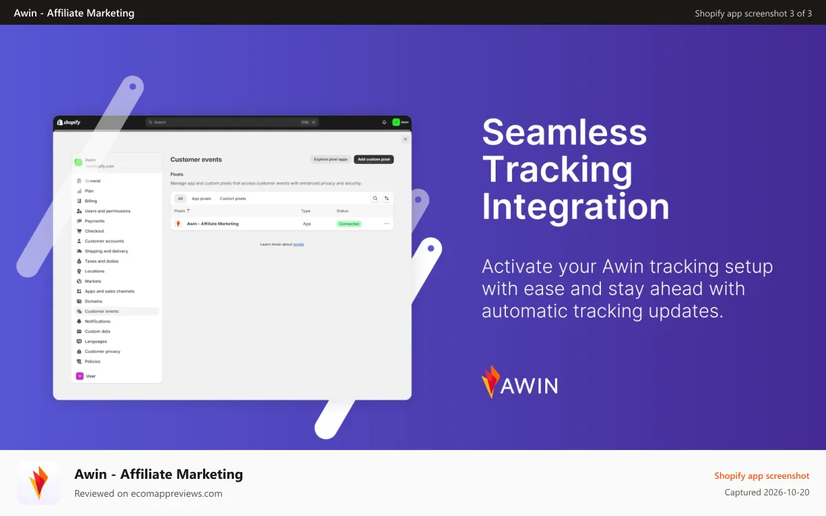 Awin ‑ Affiliate Marketing Shopify app screenshot: Seamless tracking integration