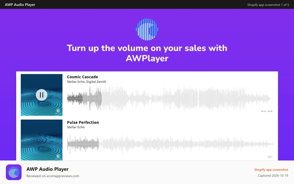 AWP Audio Player Shopify app screenshot: Turn up the volume on your sales with AWPlayer