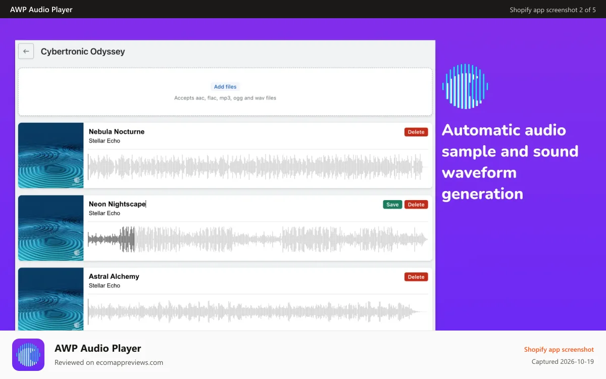 AWP Audio Player Shopify app screenshot: Tracks management