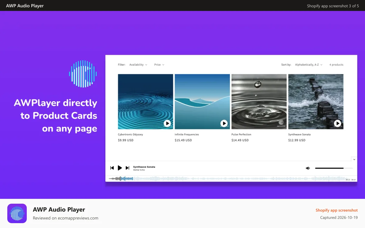 AWP Audio Player Shopify app screenshot: Product cards player
