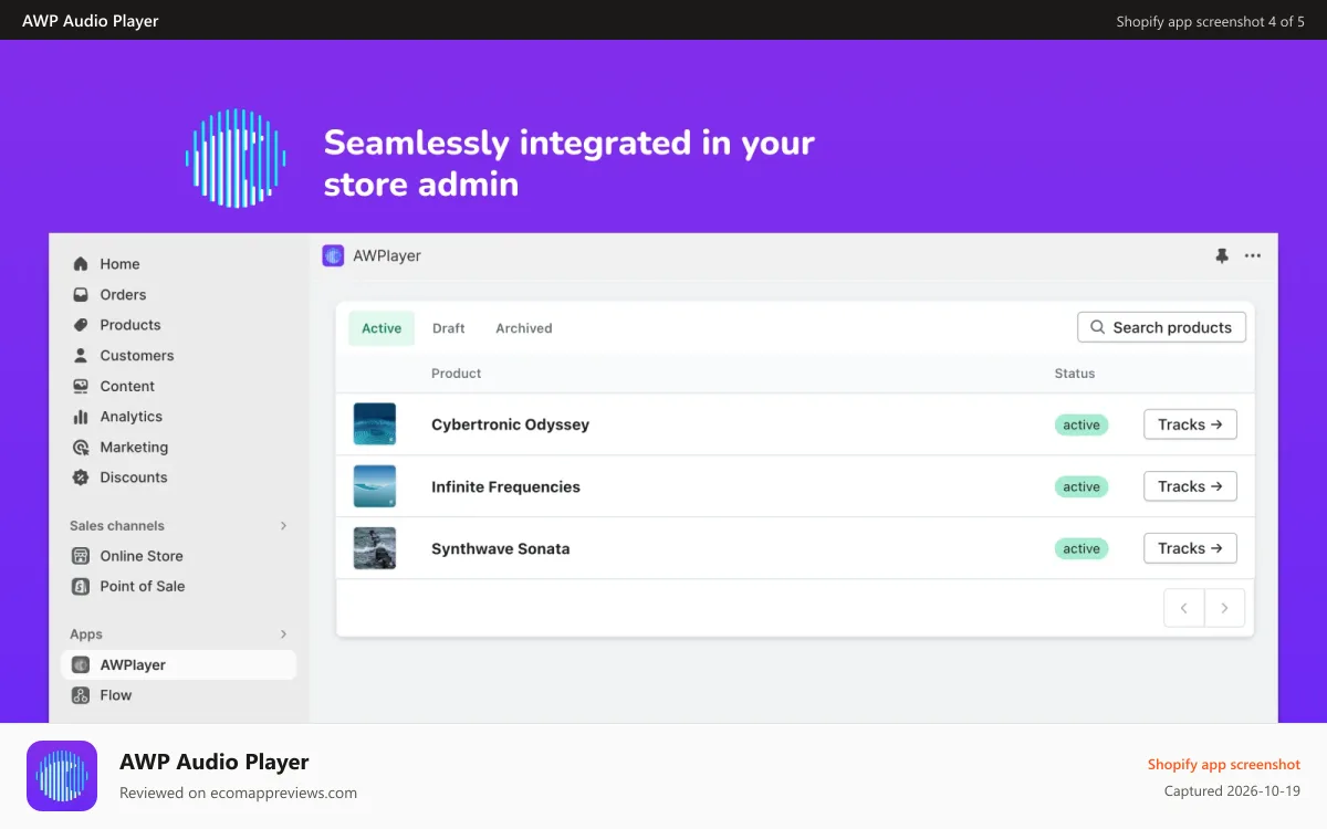 AWP Audio Player Shopify app screenshot: Store admin integration