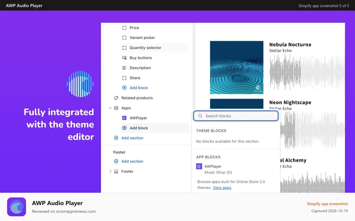 AWP Audio Player Shopify app screenshot: Theme editor integration