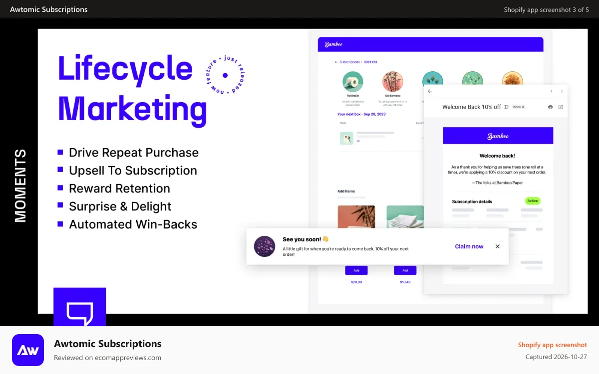 Awtomic Subscriptions Shopify app screenshot: Lifecycle Marketing