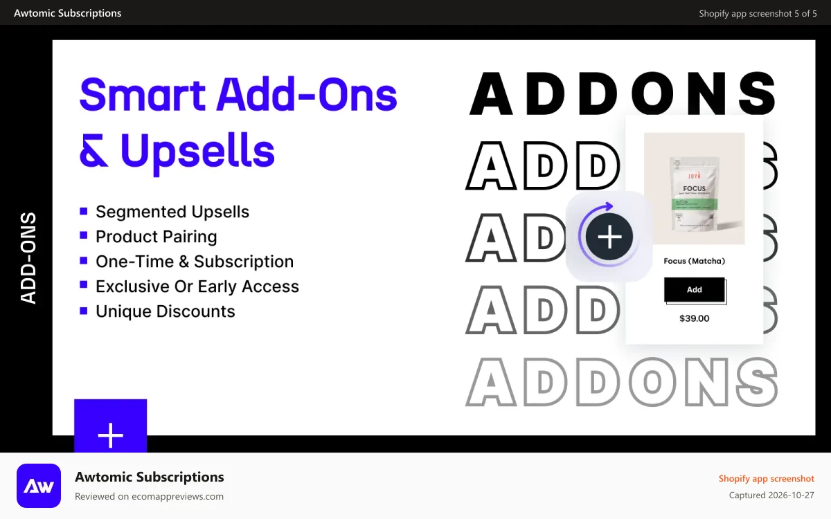 Awtomic Subscriptions Shopify app screenshot: Smart Add-ons & Upsells