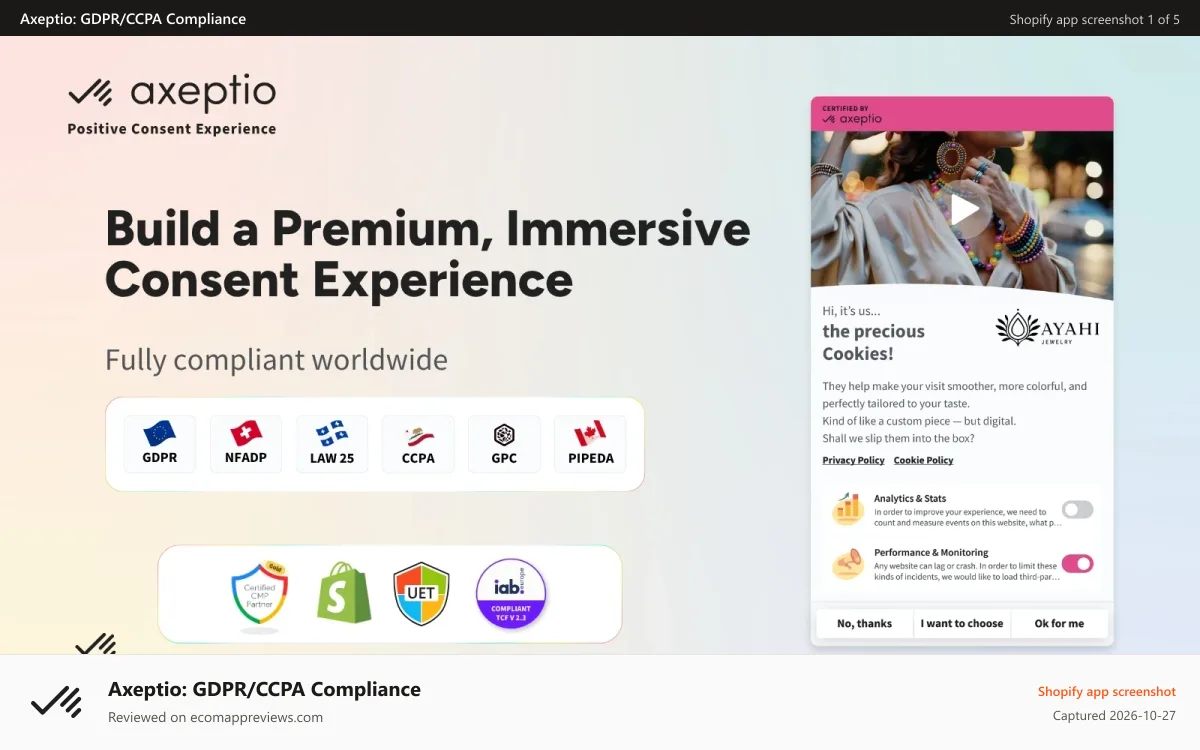 Axeptio: GDPR/CCPA Compliance Shopify app screenshot: Global cookie compliance solution for GDPR, CCPA, LAW25 and more