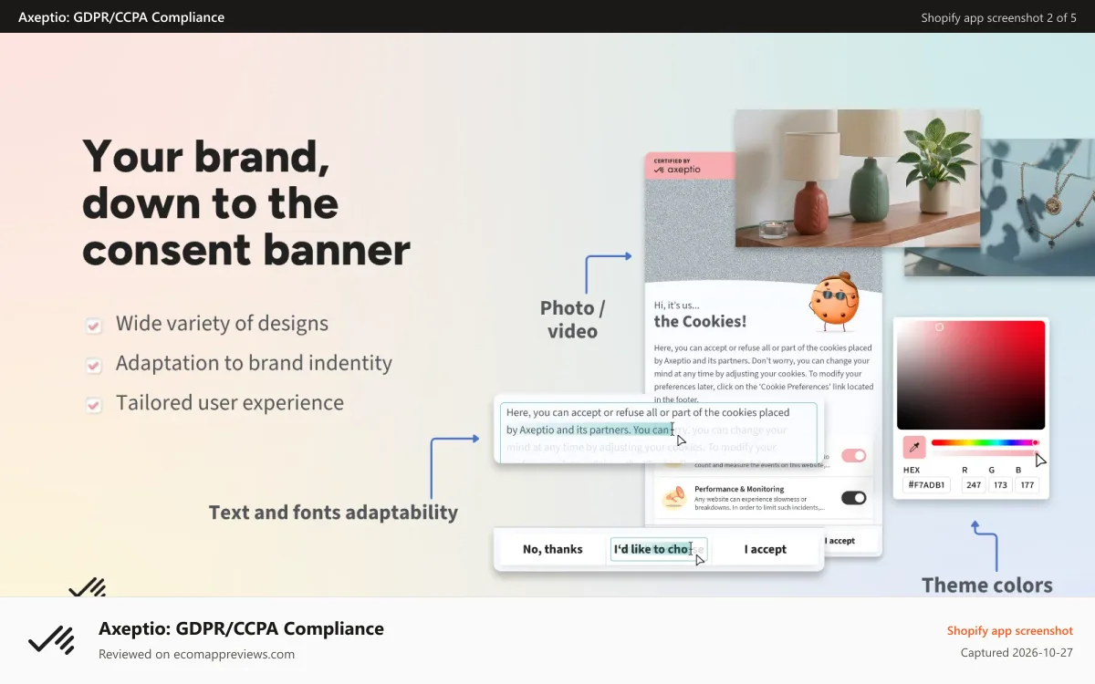 Axeptio: GDPR/CCPA Compliance Shopify app screenshot: Cookie banner customization with photo, video and color theme.