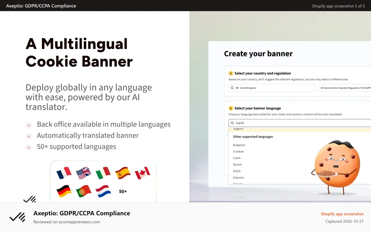 Axeptio: GDPR/CCPA Compliance Shopify app screenshot: Multilingual cookie banner
