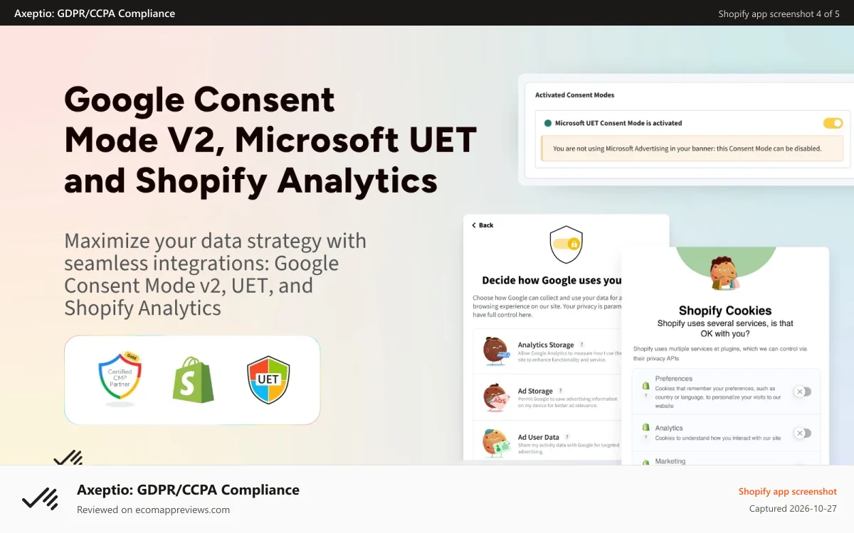 Axeptio: GDPR/CCPA Compliance Shopify app screenshot: Google Consent Mode v2, UET and shopify analytics coookies